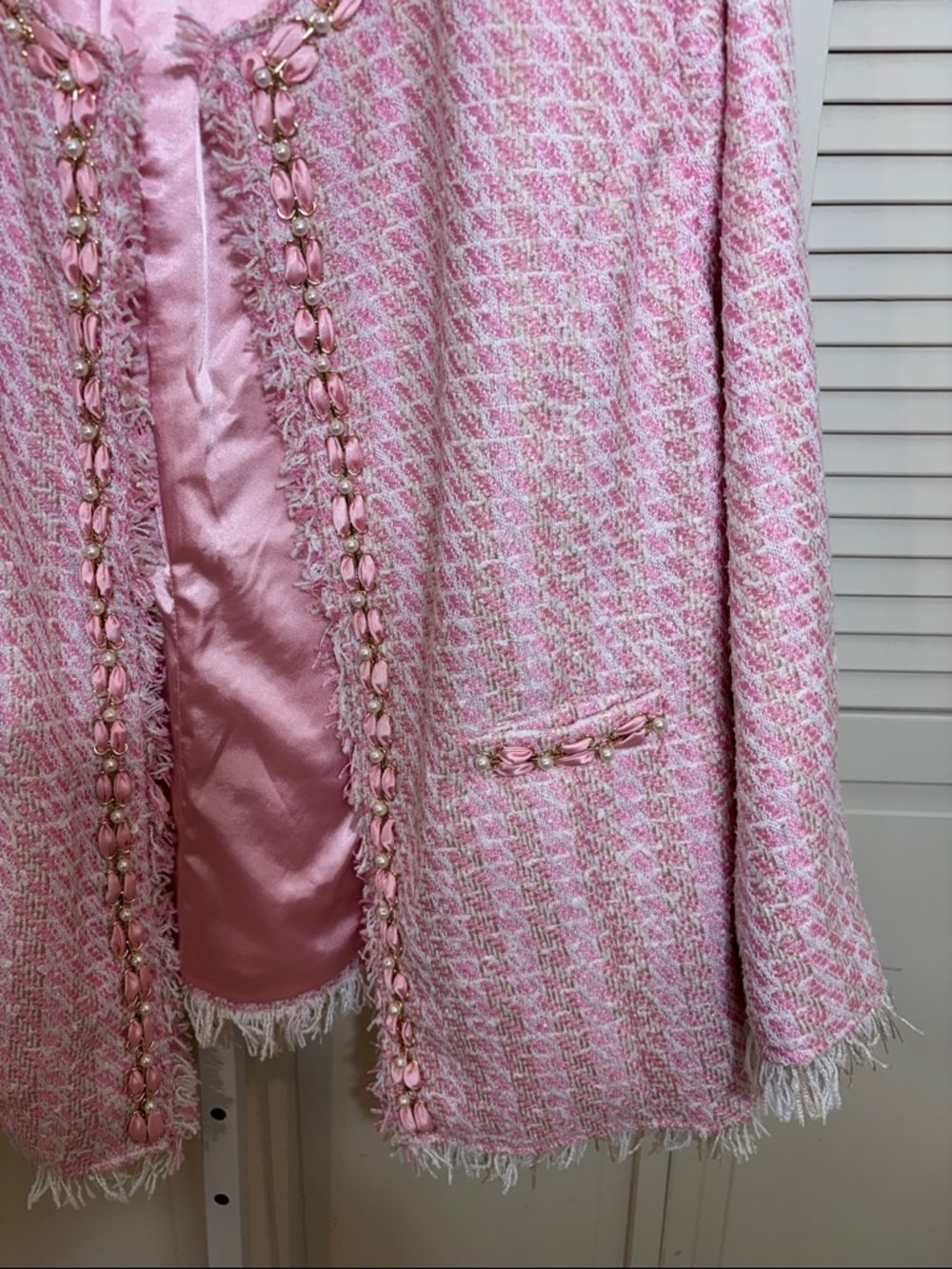 NWT Michael Simon Pink Tweed Ribbon & Pearls Fringe Jacket 3X - Picture 7 of 13